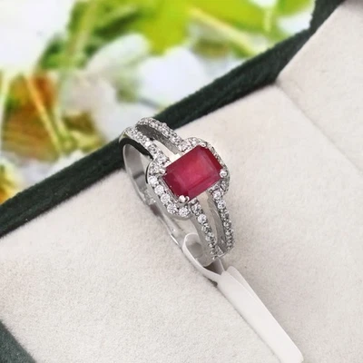Ruby Engagement Ring Emerald Cut Red Gemstone with Diamond Halo 925 Silver Gift - Image 1 of 4