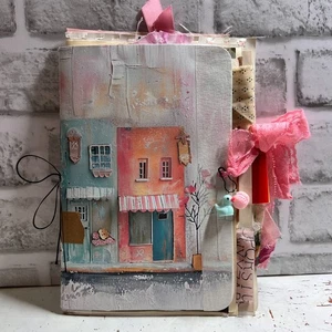 Handmade Junk Journal, Mixed Media Art Journal w Fabric Tie and Beaded Dangle - Picture 1 of 12