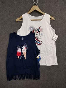Girls 2 Pack Tank White Unicorn Blue Ice Cream Fringe Hem Patriotic Top XXL 18 - Picture 1 of 11