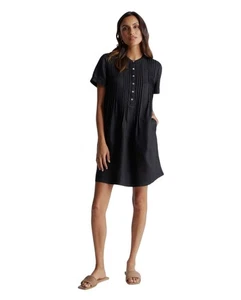 Quince Size XS Black European Linen Short Sleeve Swing Dress Pleated Pockets - Picture 1 of 13