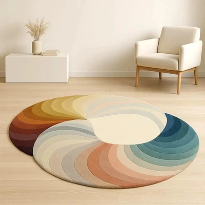 Round Handmade Wool Rug Modern Abstract Colorful Tufted Carpet Living Room Decor - Image 1 of 4