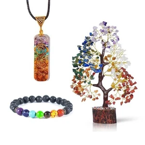 3PC Set of Healing Gemstone Money Tree+Lava Chakra Bracelet+Reiki Orgone Pendant - Picture 1 of 6