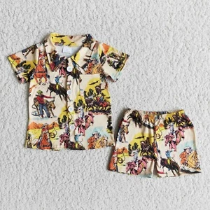 Boys Short Sleeve Shorts Set 2pcs Outfit Cow Boy Horse Print - Picture 1 of 24