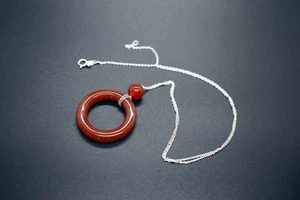 Circle Carnelian Pendant Necklace Red Round Carnelian Silver Pendant 29mm - Picture 1 of 7
