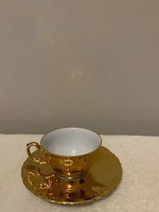 Vintage JWK Western Germany Tea Cup and Saucer Fine Porcelain, Gold Finish - Picture 1 of 7