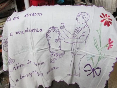 ""HUNGARIAN VINTAGE TABLE CENTER PIECE, TOWEL"" EMBROIDERED WITH SAYING - Image 1 of 3