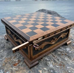 Vintage Puzzle Chess Board Handmade Solid Walnut Wood with Storage , Gift Ideas - Picture 1 of 9