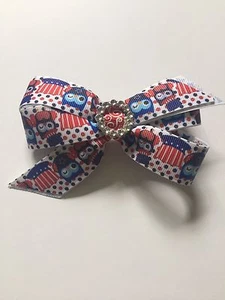 New! Owl Patroitic Custom Made Boutique Bow Red, White, Blue - Picture 1 of 8