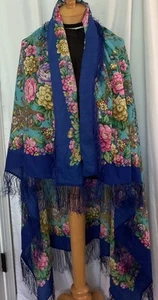 Platki Russian Shawl Scarf W/Tassels 100% Wool Blue/Pink Floral 56" X 56" XL VTG - Picture 1 of 7