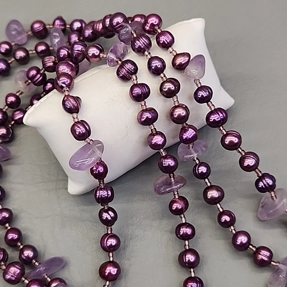 Collar con cuentas de perlas de agua dulce teñido púrpura amatista piedra detalles largo 70" Foto 1 de 4