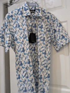 Bugatchi Men's Designer Shirt Button-up Cotton Short Sleeve Blue & White Small - Picture 1 of 8