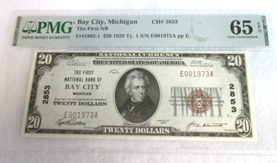 Charter#2853, $20, 1929 Type 1, Bay City Michigan,  PMG/EPQ 65 - Image 1 of 2
