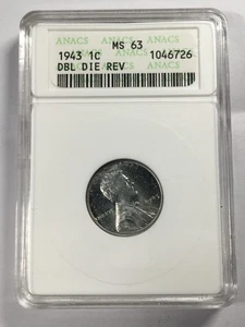 MINT ERROR 1943 LINCOLN STEEL CENT DOUBLE DIE REVERSE ANACS MS63 7EH25 - Picture 1 of 4