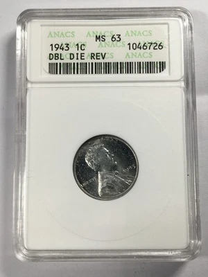 MINT ERROR 1943 LINCOLN STEEL CENT DOUBLE DIE REVERSE ANACS MS63 7EH25 - Image 1 of 4