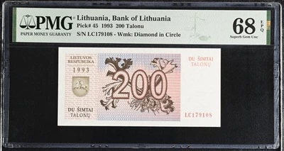 Lithuania 200 Talonu 1993 P 45 Superb Gem UNC PMG 68 EPQ - Image 1 of 3