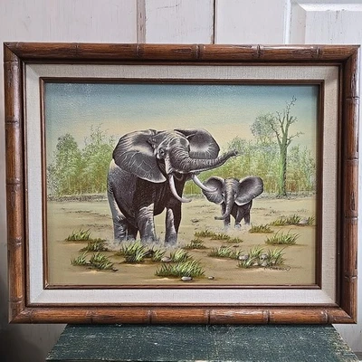 Pintura al óleo firmada de colección de elefantes de C. Carson 13,5 x 19,5 aspecto bambú enmarcado Foto 1 de 4