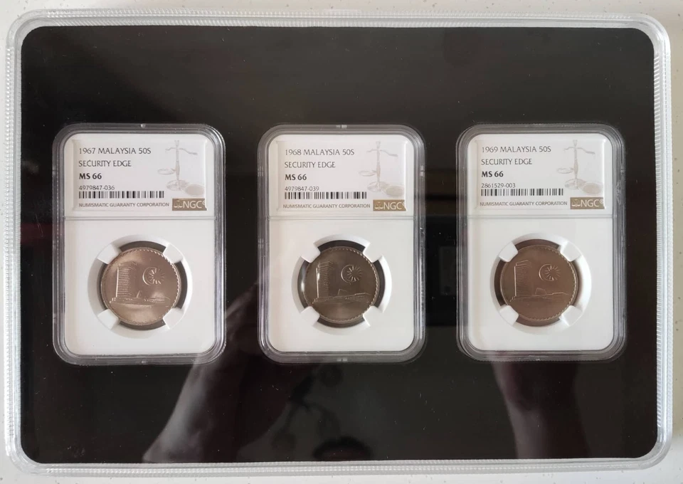 MALAYSIA 1967, 1968, 1969 50 CENT / SEN SECURITY EDGE NGC ALL MS 66 X3 PCS - Image 1 of 1