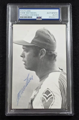 EDDIE MATHEWS Signed Real Photo Postcard-HOF-MILWAUKEE BRAVES-PSA - Image 1 of 4