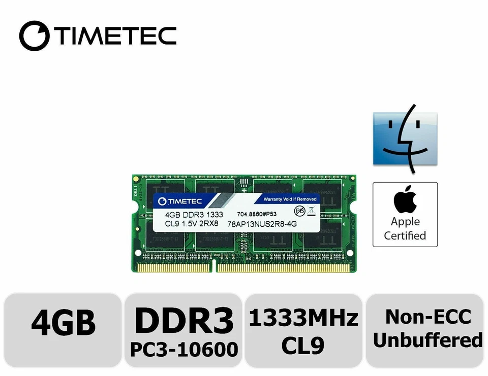 Timetec 4GB DDR3 1333MHz PC3-10600 Non-ECC 1.5V 2Rx8 SODIMM Apple Memory RAM - Image 1 of 1