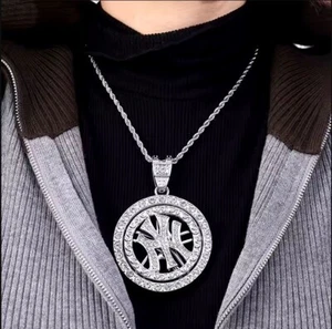 Silver Plated Iced CZ NY New York Yankees Pendant + 20" Rope Chain Necklace USA - Picture 1 of 1