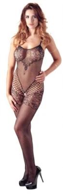 Erotik Catsuit ouvert m versch. Netzstrukturen Sexy Reizwäsche f. Damen Schwarz - Bild 1 von 4