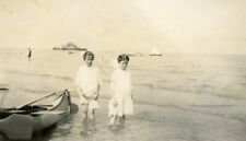 X157 Original Antique Photograph TWO GIRLS SURF BEACH CANOE c Early 1900's