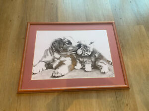 Cute Dog & Cat Framed Mounted Picture Size 53x41cm