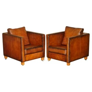 RESTORED PAIR OF MOROSO CROCODILE ALLIGATOR PATINA BROWN LEATHER CLUB ARMCHAIRS - Picture 1 of 24