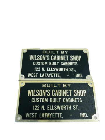 (2) 1960s Metal Name Plates WILSON'S CABINET SHOP - Cabinets -Furniture- Indiana Cover