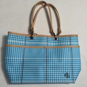 Lauren Ralph Lauren Blue And White Herringbone Print Small Canvas Tote - Picture 1 of 8