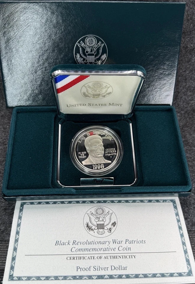 1998-S Black Revolutionary War Patriots Crispus Attucks Proof Silver Dollar COA - Image 1 of 1