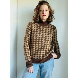 Vintage Womens Y2K Sweater Turtleneck Houndstooth Print Chunky Cotton/Wool SZ M - Picture 1 of 7