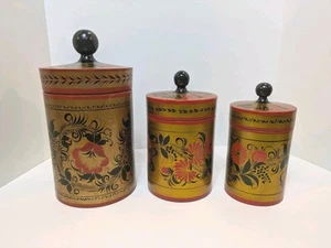 Set of Vintage USSR Khokhloma Lidded Canisters Gilded and Floral - Picture 1 of 10