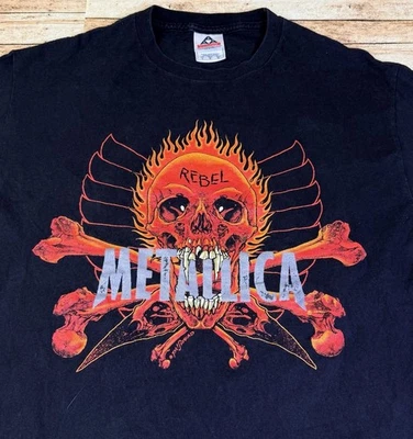 复古 90 年代男式 L Metallica Pushead Flaming Rebel Skull Band T 恤 — 第 1/4 张图片