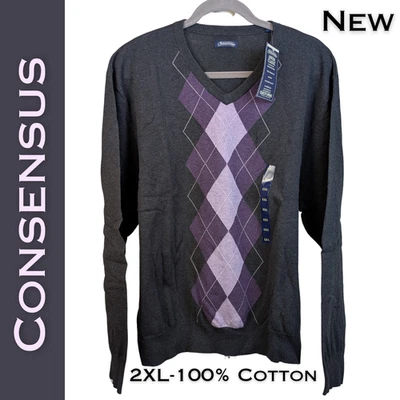 New Consensus Mens Argyle Sweater 2XL Gray Purple 100% Cotton Genuine Classic - Image 1 of 4