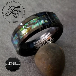 Engraved Men's Tungsten Abalone Wedding Ring Band or Promise Ring - Picture 1 of 8