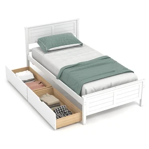 Twin Size Wooden Bed Frame with 2 Storage Drawers & Under-bed Storage White - Picture 1 of 11