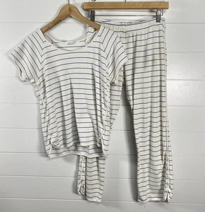 LAKE Pyjama Set Damen klein weiß blau gestreift Kurzarm Oberteil Hose Nachtwäsche - Bild 1 von 16