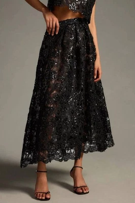 Maxi Falda EVA FRANCO Anthropologie Nueva con Etiquetas Negra Encaje y Brillo Talla 6 Foto 1 de 4