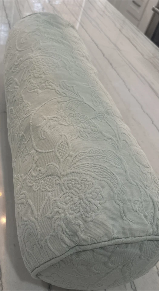 Pottery Barn Matelasse Floral Cotton Bolster Pillow 10” X 27” Blue Green - Image 1 of 4