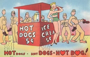 Postkarte Comic Frau Bikini Soldaten Hot Dog Ständer - Bild 1 von 2