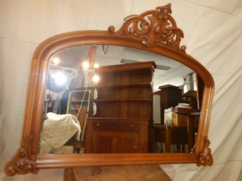 Spectacular Large Walnut Victorian Mantle Mirror with Carved Crest Deep Frame Cover