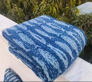 Indian Blue Indigo King Size Kantha Quilt Block Print Blanket Bedspread Throw - Picture 1 of 2