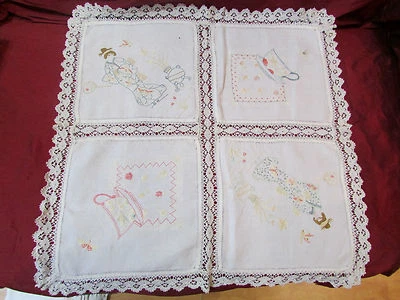 ancienne petite nappe a thé brodée a la main decor geishas tasses - Photo 1/2