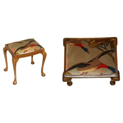 CIRCA 1930'S ENGLISH WALNUT MULBERRY FLYING DUCKS VELVET DRESSING TABLE STOOL - Image 1 of 4