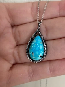 Genuine Kingman Turquoise & White Sapphire Pendant Silver with Black Rhodium 18" - Picture 1 of 6