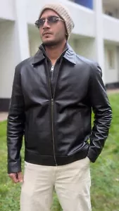 Black Leather Jacket Men Flight/Pure Sheepskin Size M L - Picture 1 of 8