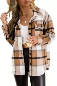 Womens Flannel Shacket Casual Jacket Plaid Button Down Long Sleeve Shirt Fall... - Picture 1 of 5