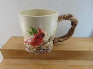 RED Cardinal And Blue/black Bird coffee mug 3d TREE LIMB HANDLE - VERY RARE - Picture 1 of 4