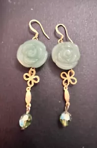 Light Green Natural Jade Rose Carved Earrings - Picture 1 of 6